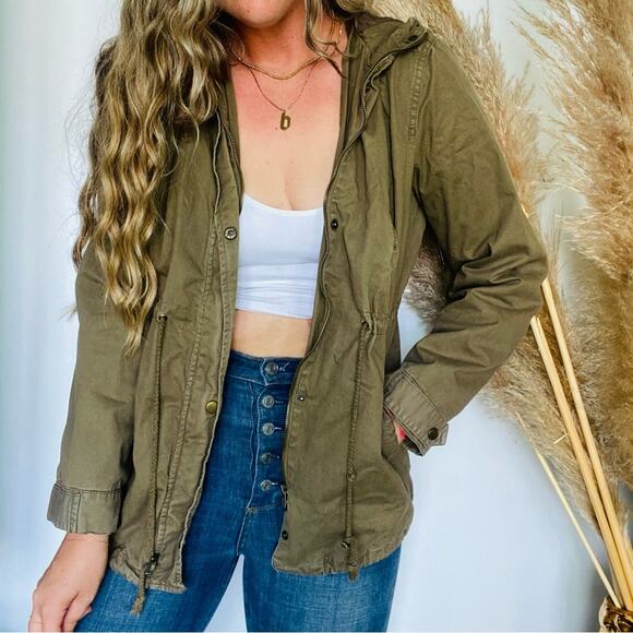 UO URBAN OUTFITTERS Army Olive Green Khaki Anorak Hooded Zip Tie Jacket Coat L - Picture 1 of 10